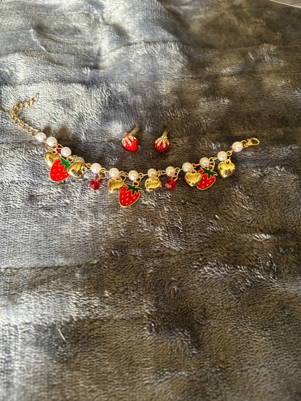 Gold-Tone Strawberry Charm Bracelet with Matching Red Strawberry Studs